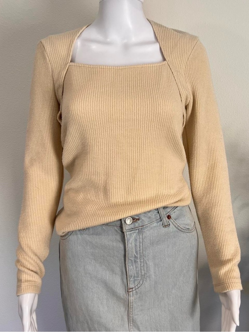Anthropologie Cream Ribbed Square-Neck Knit Top